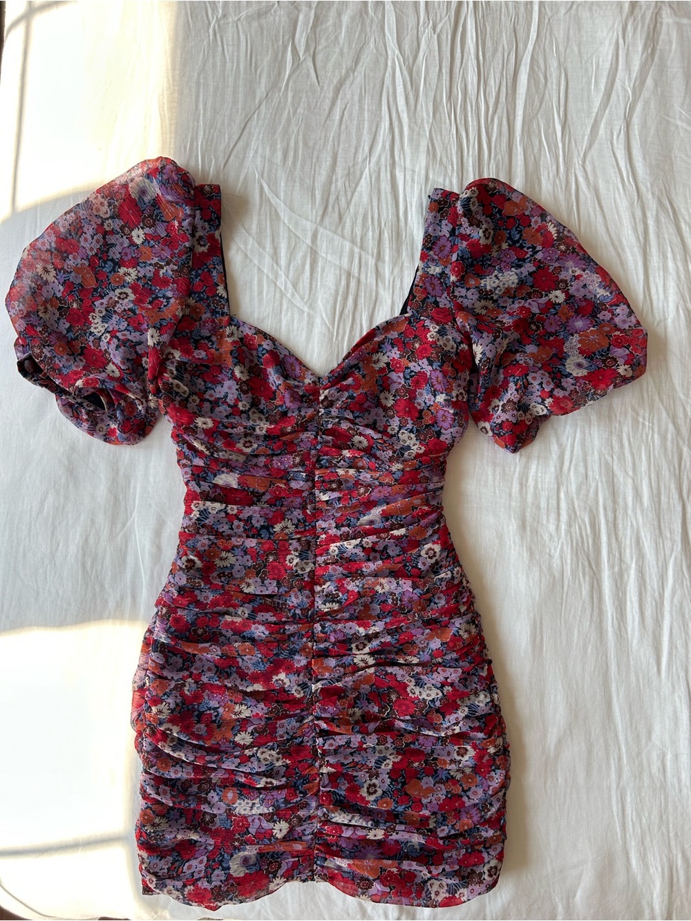 ZARA Red Floral Puff-Sleeve Ruched Mini Dress
